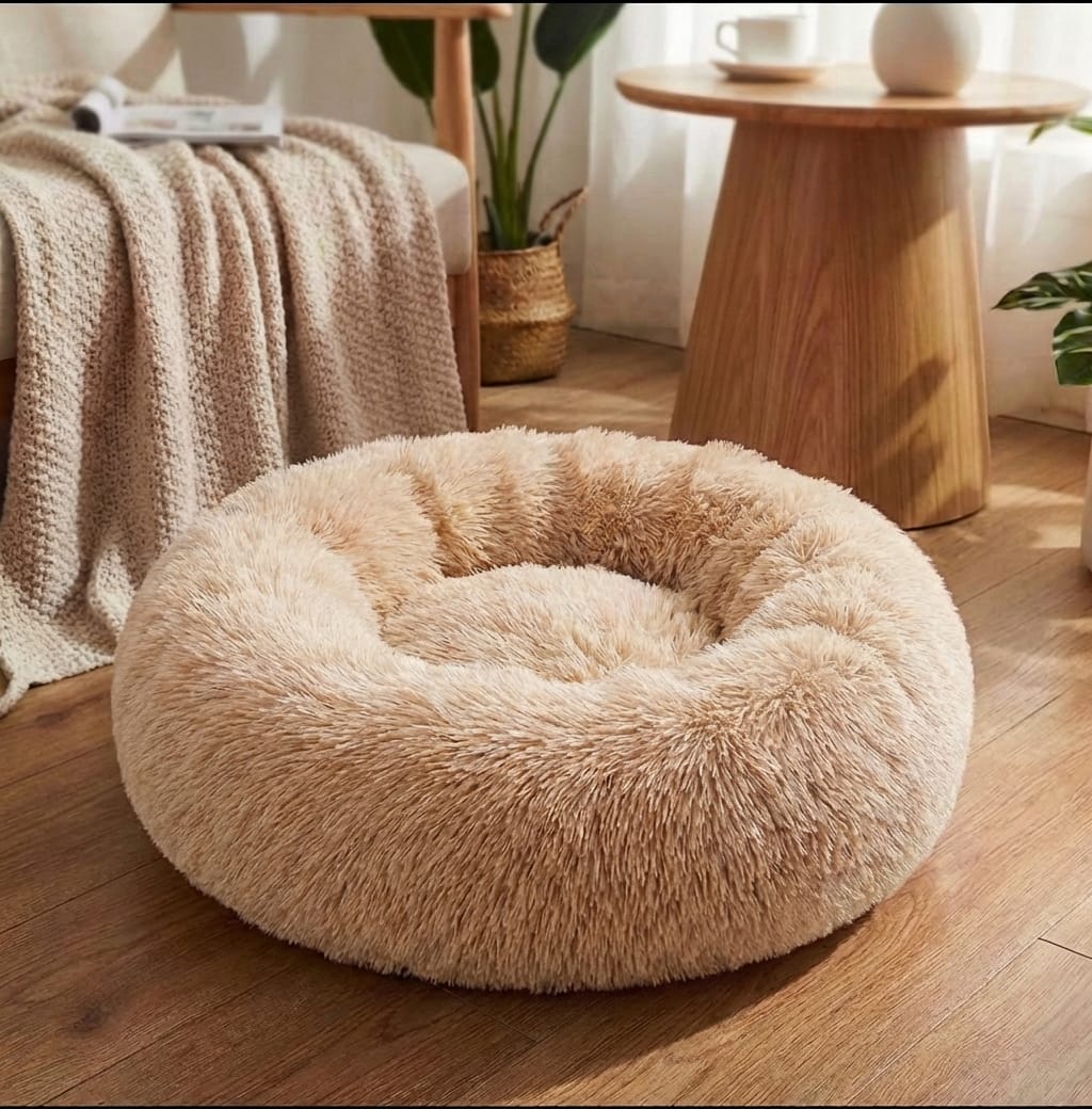 Soft Pet Bed – Calming Round Plush Bed for Cats & Small Dogs