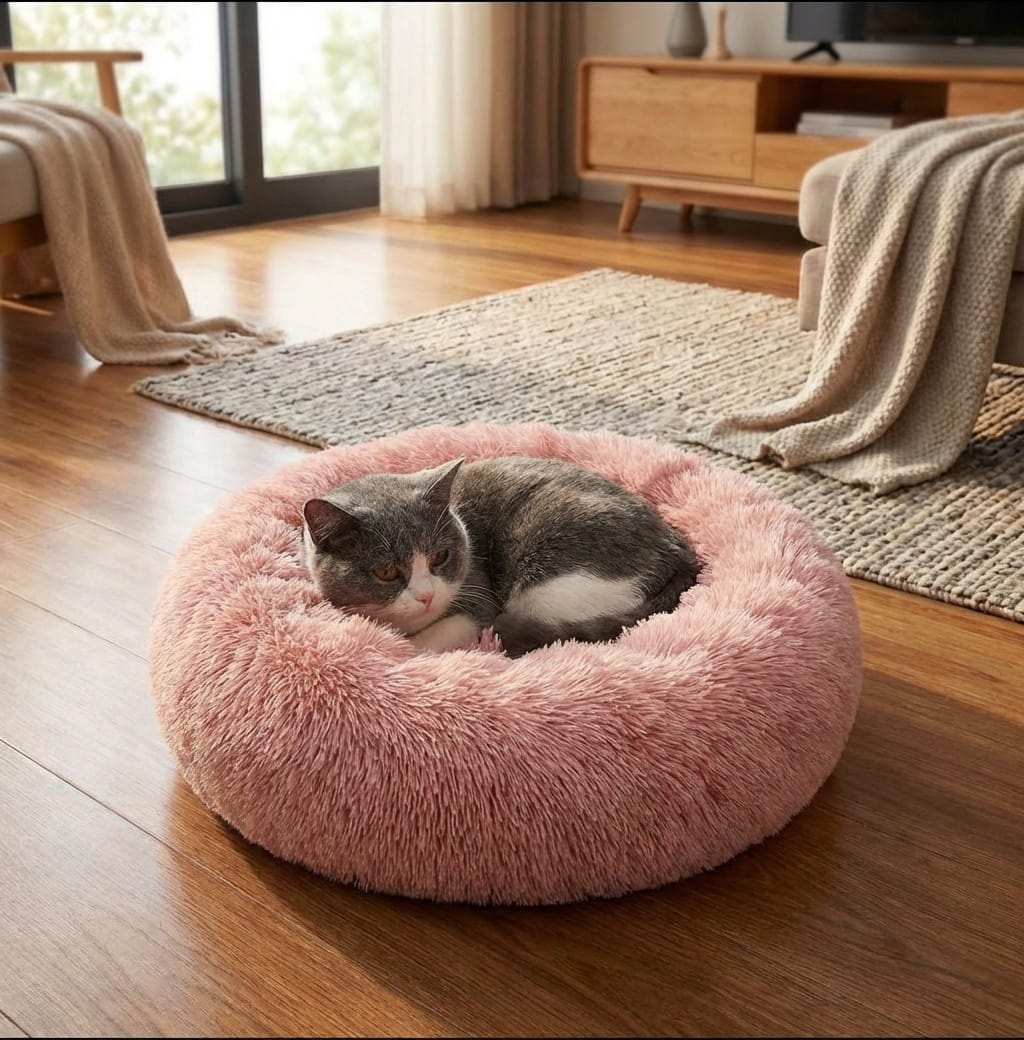 Soft Pet Bed – Calming Round Plush Bed for Cats & Small Dogs